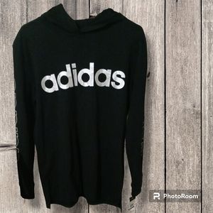 NWT Adidas Long Sleeve Hooded Shirt Boys Black Silver L 14/16 $25